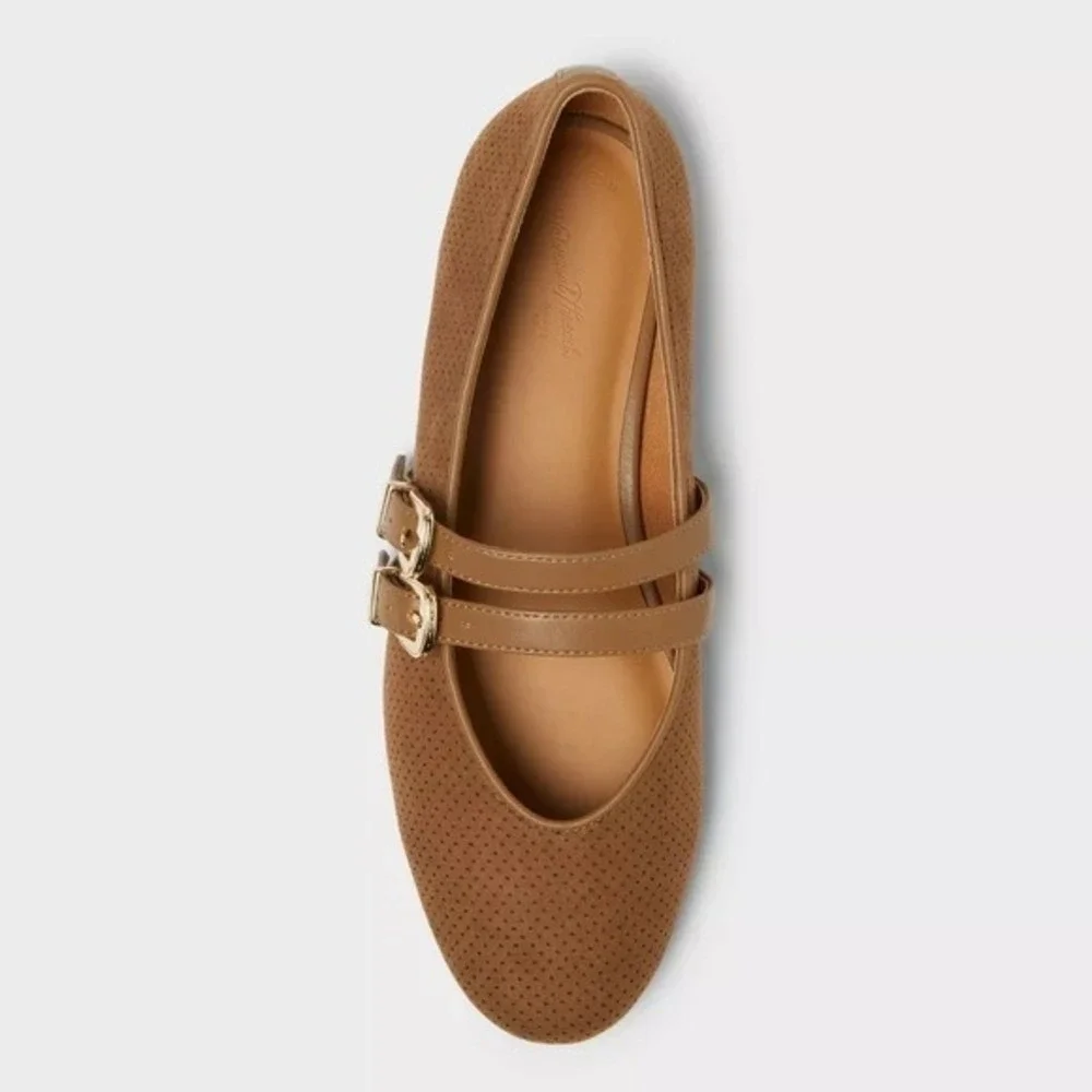 Universal Thread Tan Double-Strap Perforated Ballet Flat